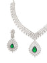 Silver Toned Green Emerald Studded Designer Bridal Necklace Jewellery Set