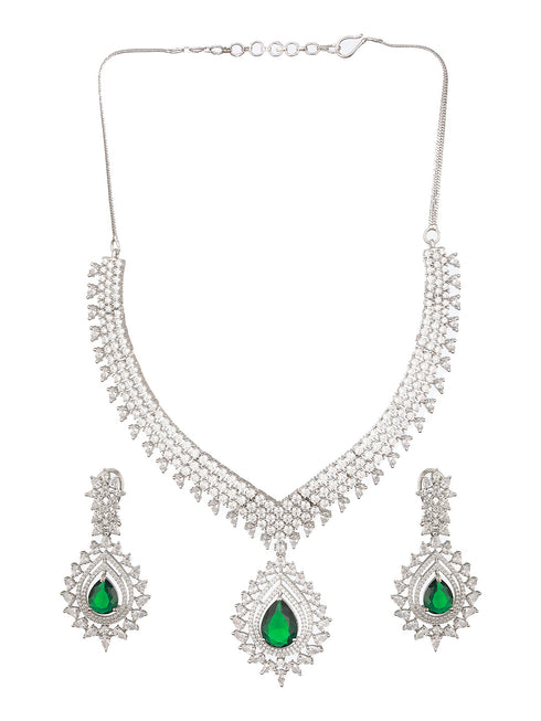 Silver Toned Green Emerald Studded Designer Bridal Necklace Jewellery Set