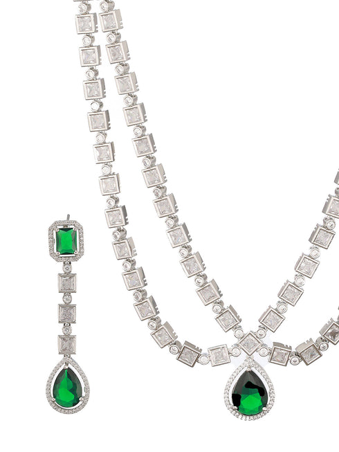 Silver Toned Green Zircon Studded Double Lined Designer Luxe Necklace Jewellery Set