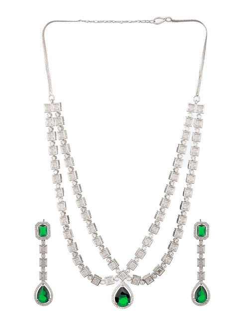 Silver Toned Green Zircon Studded Double Lined Designer Luxe Necklace Jewellery Set