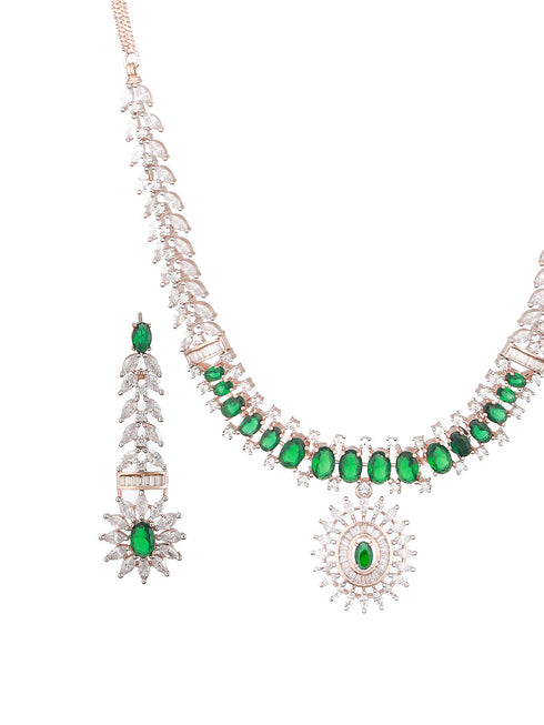 Rose Polish Green Emerald Studded Minimal Floral Pendant Necklace Jewellery Set