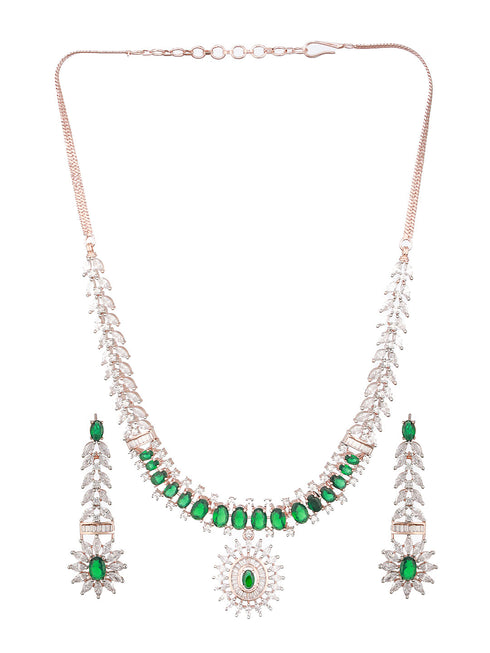 Rose Polish Green Emerald Studded Minimal Floral Pendant Necklace Jewellery Set