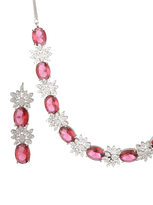 Silver Plated Red ADStudded Designer Floral Design Jewellry Set