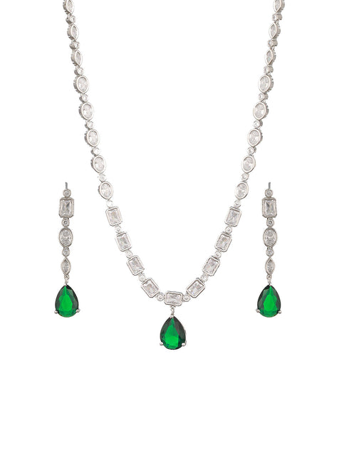 Silver Toned Emerald Green Zircon Studded Minimal Pendant Necklace Jewellery Set