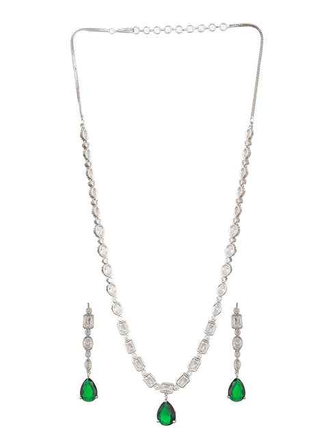 Silver Toned Emerald Green Zircon Studded Minimal Pendant Necklace Jewellery Set
