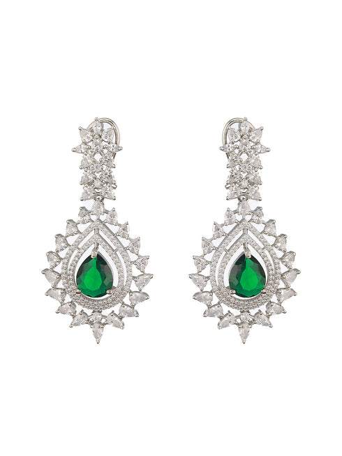 Silver Toned Green Emerald Studded Designer Bridal Necklace Jewellery Set