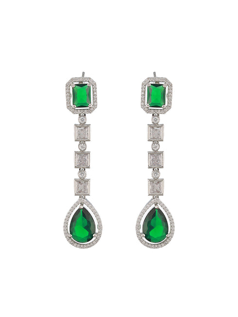 Silver Toned Green Zircon Studded Double Lined Designer Luxe Necklace Jewellery Set