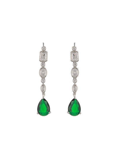 Silver Toned Emerald Green Zircon Studded Minimal Pendant Necklace Jewellery Set