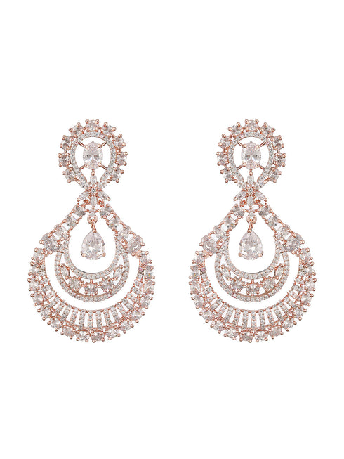 Rose Gold toned Zircon studded Long Chandelier Chandbali Luxe Earrings