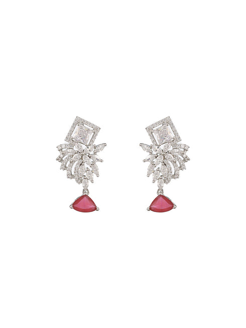 Silver Toned Red Ad Studded Minimal Quirky Drop Earring