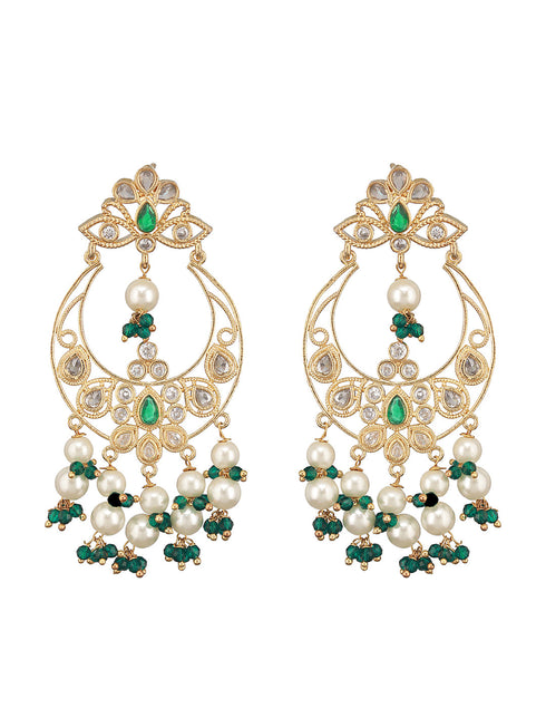 Gold Plated Green Zircon Pearl Beaded Kundan Crescent Danglers Chandbali Earrings