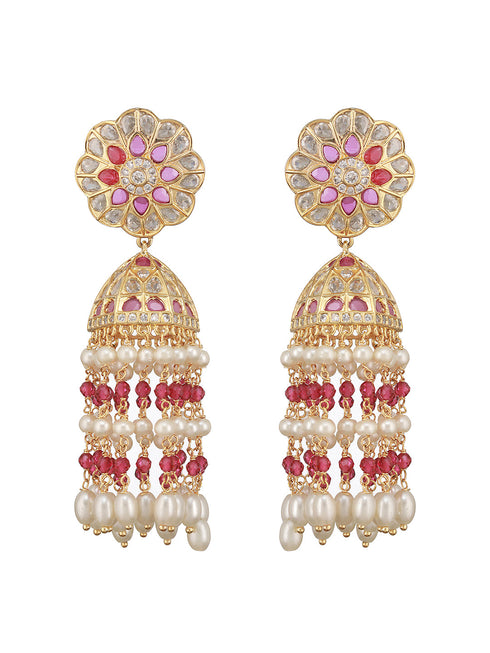 Gold Plated Red AD Pearl Beaded Contemporary Long Jhumka Earrings