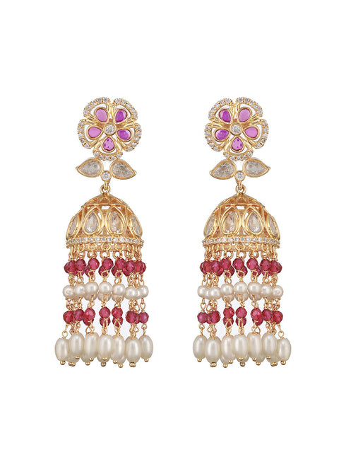 Gold Plated Red AD Studded Designer Floral Long Pearl Earrings