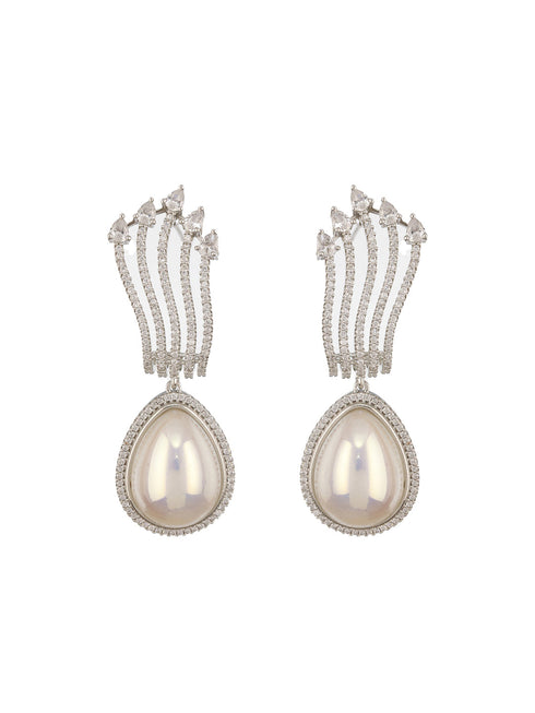 Silver Plated AD Studded & Pearl Contemporary Hoop Bali Earrings