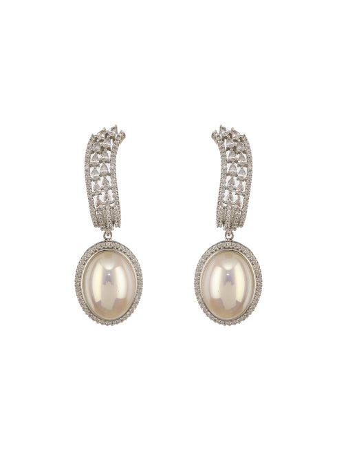 Silver Plated Zircon Studded Pearl Beaded Designer Dangler Hoop Bali Earrings