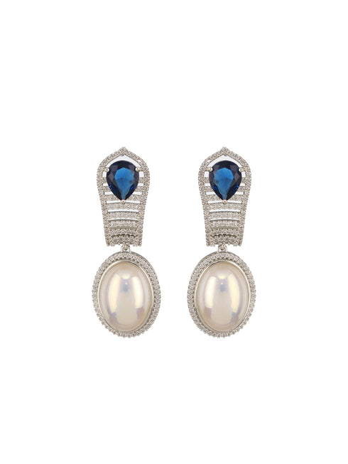 Silver Plated Blue AD Studded & Pearl Contemporary Hoop Bali Earrings