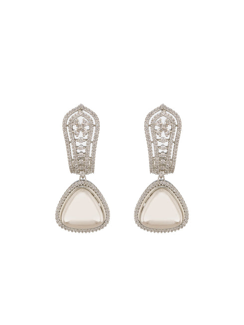 Silver Toned Zircon Studded Triangular Pearl Beaded Handcrafted Bali Hoop Earrings