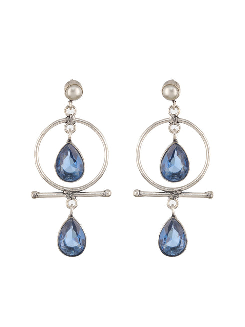 Silver Oxidised Plted Blue Stone AD Minimal T-Shaped Hoop Earrings