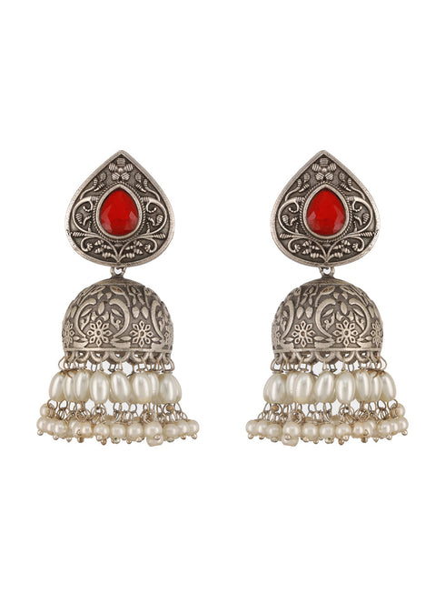 Silver Toned Oxidised Red Ruby AD Studded Handcrafted Contemporary Jhumkas Earrings