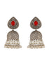 Silver Toned Oxidised Red Ruby AD Studded Handcrafted Contemporary Jhumkas Earrings