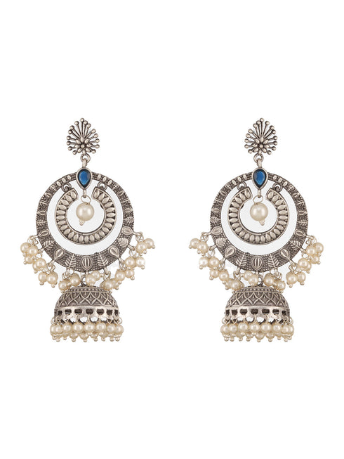 Silver Toned Oxidised Blue AD Studded Handcrafted Contemporary Chandbali Jhumkas Earrings