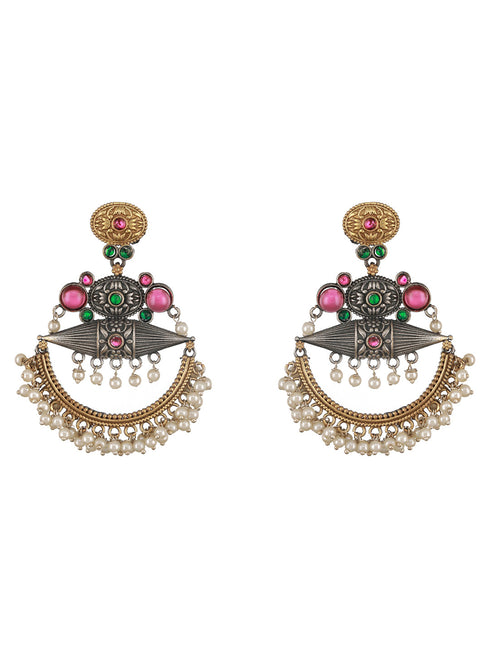 Dual Toned Red Stones Studded & Pearl Beaded Handcrafted Designer Light Weight Chandbali Dangler earrings