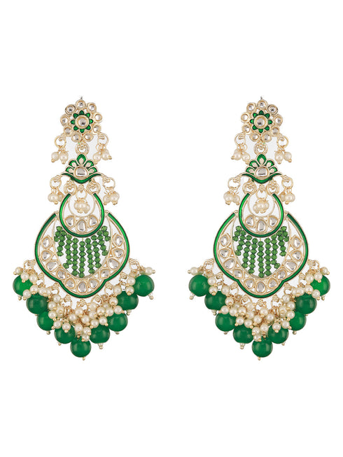 Gold Toned Kundan & Emerald Green Pearl Beaded Handcrafted Chandbali Earrings