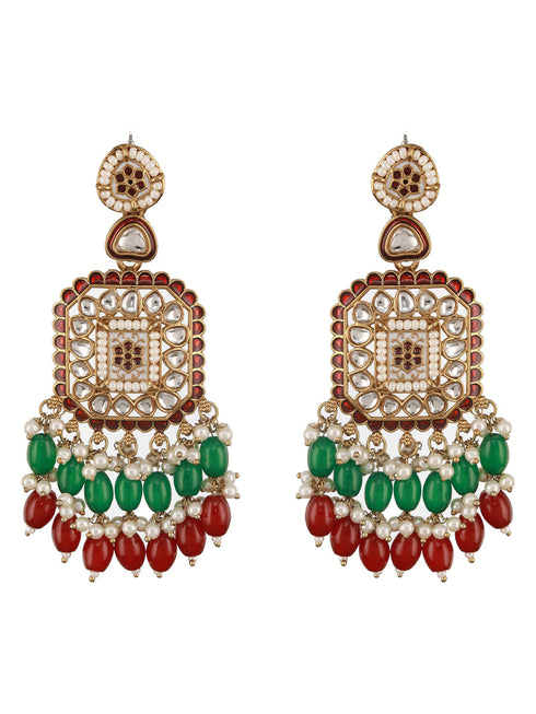 Gold Toned Red Kundan & Green Pearl Beaded Geometric Designer Dangler Chandbali earrings