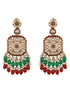 Gold Toned Red Kundan & Green Pearl Beaded Geometric Designer Dangler Chandbali earrings