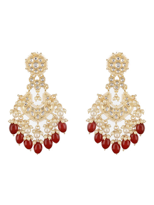 Gold Toned Kundan & Maroon Pearl Beaded Delicate Floral Chandbali Earrings