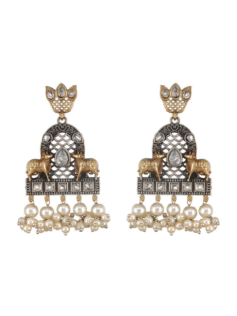 Dual Toned Oxidised Silver Lookalike Pearl Beaded Hasli Deer Motif Designer Jewellery Set