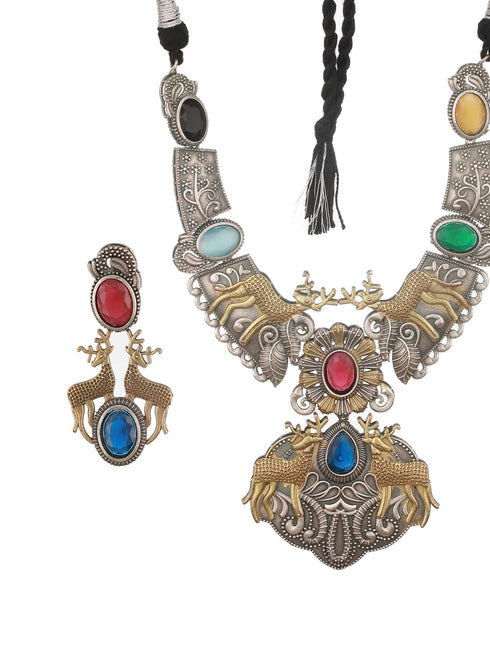 Dual Toned Oxidised Red Stone Studded Brass Handcrafted Deer Motif Intricate Designer Jewellery Set