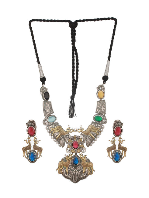 Dual Toned Oxidised Red Stone Studded Brass Handcrafted Deer Motif Intricate Designer Jewellery Set