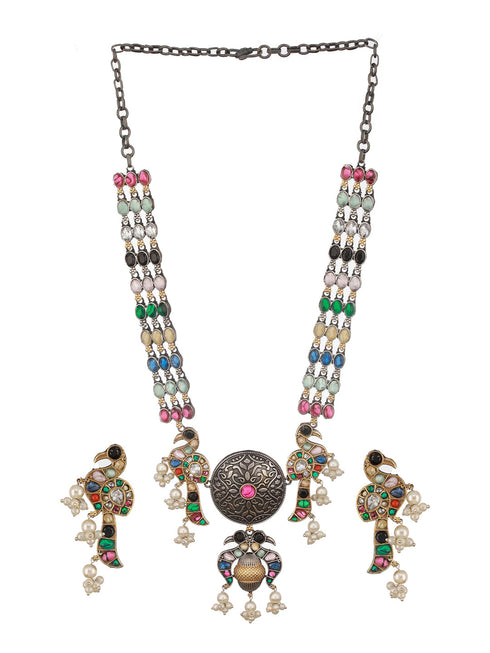 Dual Tone Oxidised Nav Ratan Stone Studded Pearl Beaded Bird Motif Designer