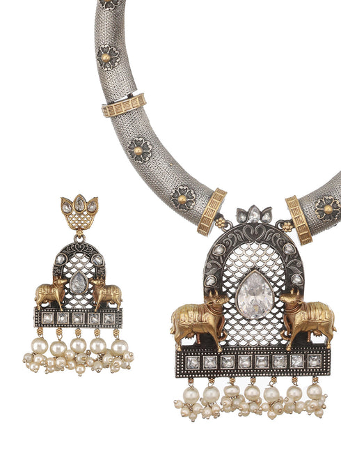 Dual Toned Oxidised Silver Lookalike Pearl Beaded Hasli Deer Motif Designer Jewellery Set