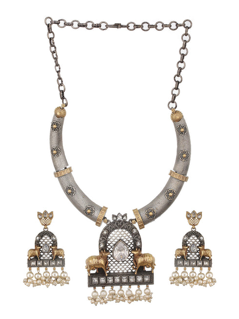 Dual Toned Oxidised Silver Lookalike Pearl Beaded Hasli Deer Motif Designer Jewellery Set