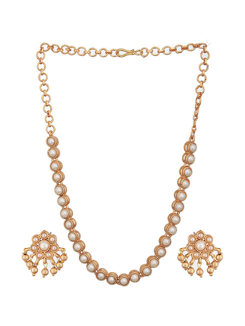Gold Plated Pearl Beaded Minimal Dailywear Necklace Jewellery Set