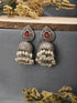 Silver Toned Oxidised Red Ruby AD Studded Handcrafted Contemporary Jhumkas Earrings