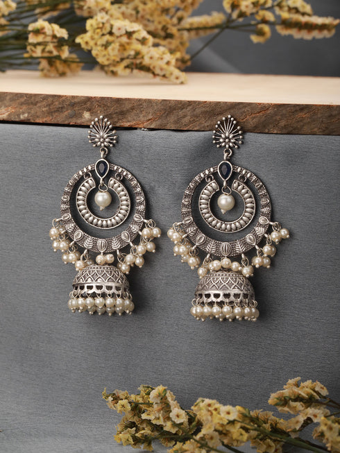 Silver Toned Oxidised Blue AD Studded Handcrafted Contemporary Chandbali Jhumkas Earrings