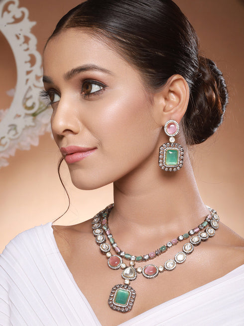 Gold Toned Pink & Mint Kundan Studded Double Lined Bridal Jewellery Set