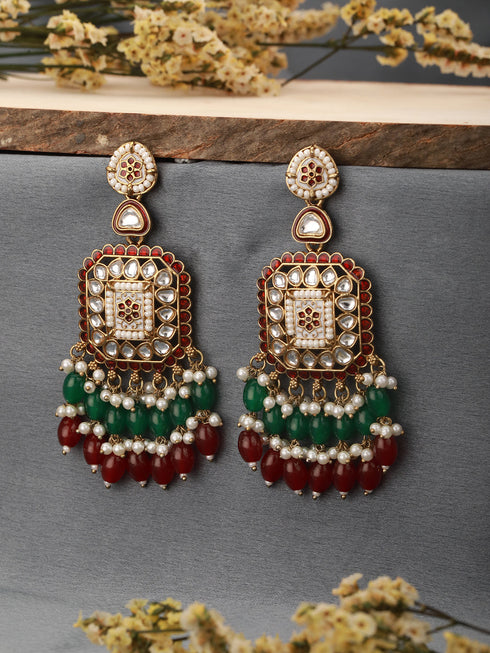Gold Toned Red Kundan & Green Pearl Beaded Geometric Designer Dangler Chandbali earrings