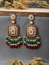 Gold Toned Red Kundan & Green Pearl Beaded Geometric Designer Dangler Chandbali earrings