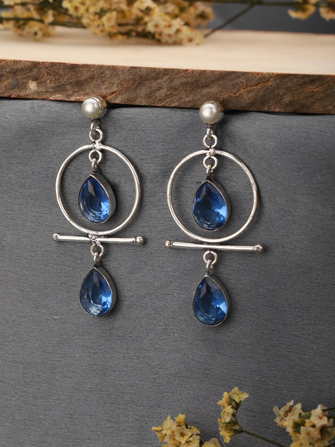 Silver Oxidised Plted Blue Stone AD Minimal T-Shaped Hoop Earrings
