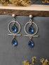 Silver Oxidised Plted Blue Stone AD Minimal T-Shaped Hoop Earrings