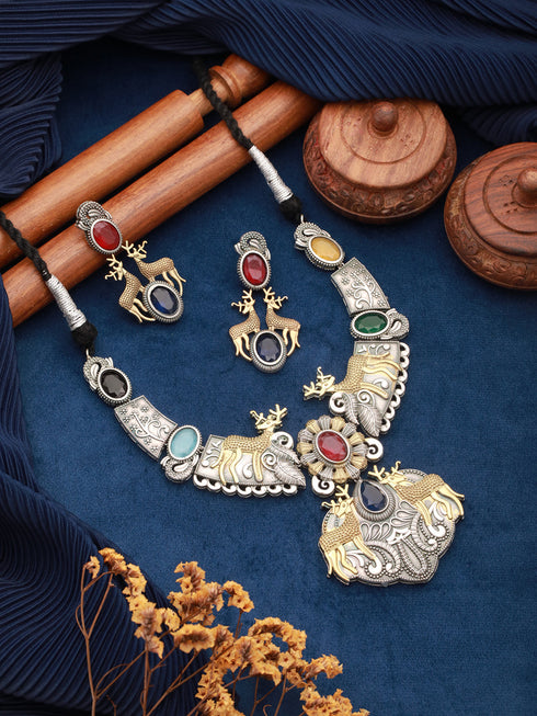 Dual Toned Oxidised Red Stone Studded Brass Handcrafted Deer Motif Intricate Designer Jewellery Set