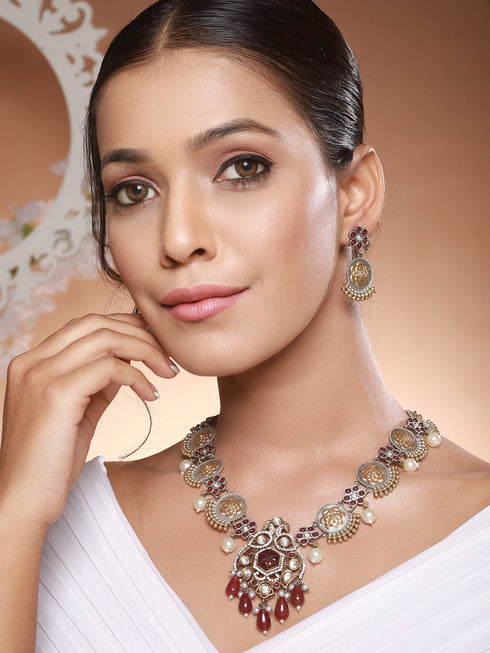 Dual Toned Silver Oxidised Maroon Pearl Beaded Floral Statement jewellery Set