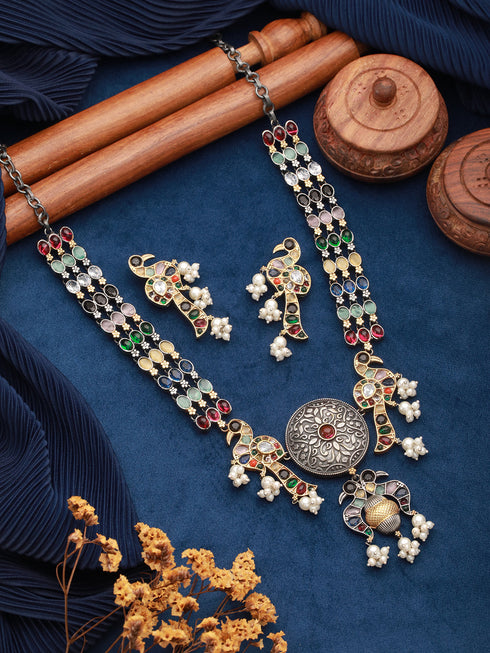 Dual Tone Oxidised Nav Ratan Stone Studded Pearl Beaded Bird Motif Designer