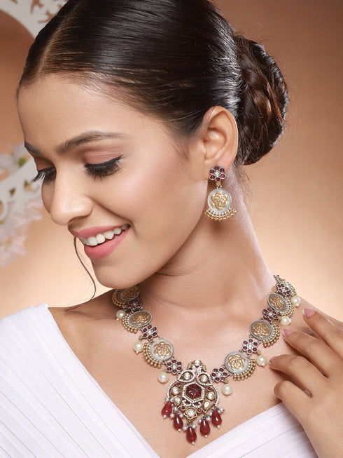 Dual Toned Silver Oxidised Maroon Pearl Beaded Floral Statement jewellery Set