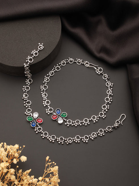 Silver Plated Multicoloured Stone Studded Delicate Floral Payal Anklet