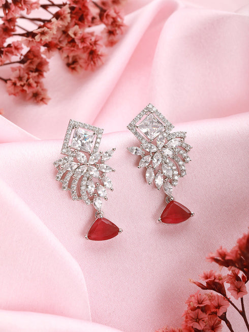 Silver Toned Red Ad Studded Minimal Quirky Drop Earring
